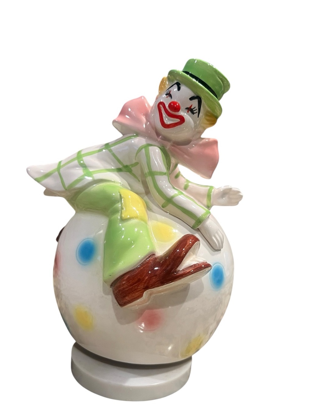 Vintage Schmid Ceramic Clown on Polka Dot Ball Music Box